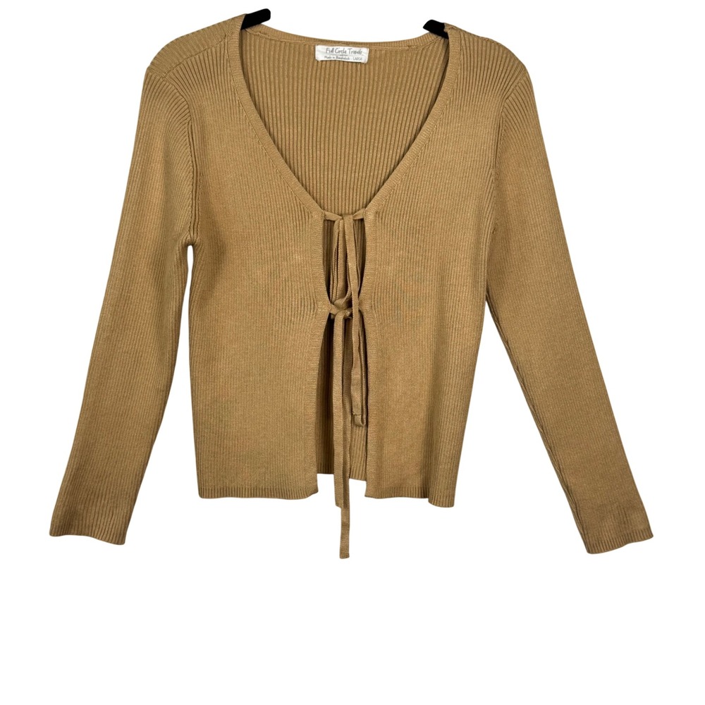 Full Circle Trends Beige Tie‑Front Ribbed Cardigan Minimalist Balletcore Large